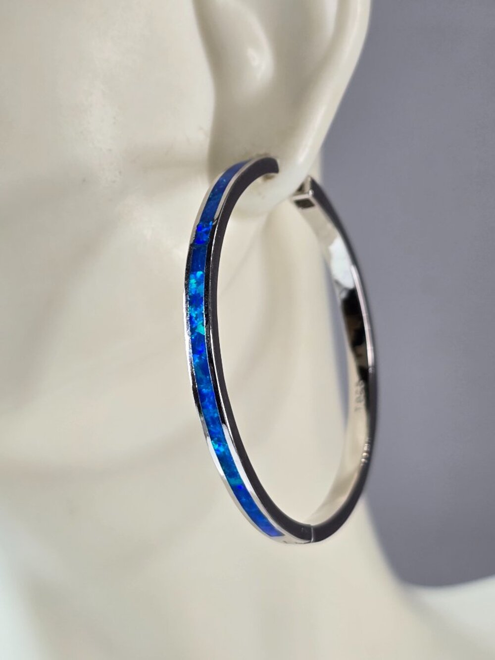 Womens Sterling Silver Modernist Blue Opal Hoop Earrings 10.7g E2325